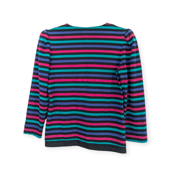 80's 90's Stripe Knit V-Neck Cardigan ~ magenta teal royal blue and black - Picture 2 of 3
